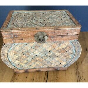 Vtg.  Weaved Wooden Box Bronze Latch Trunk Bamboo Trinket Collectible 11.5”